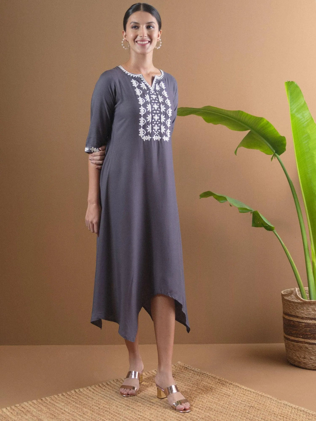 Grey Embroidered Rayon Dress - Jashvi