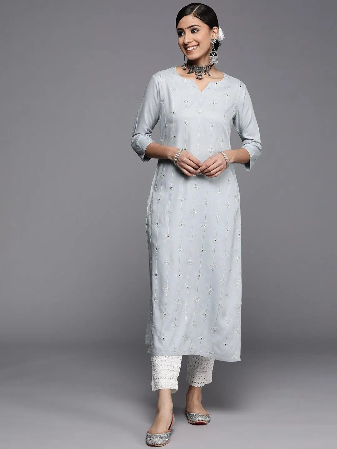 Grey Embroidered Rayon Kurta - Jashvi