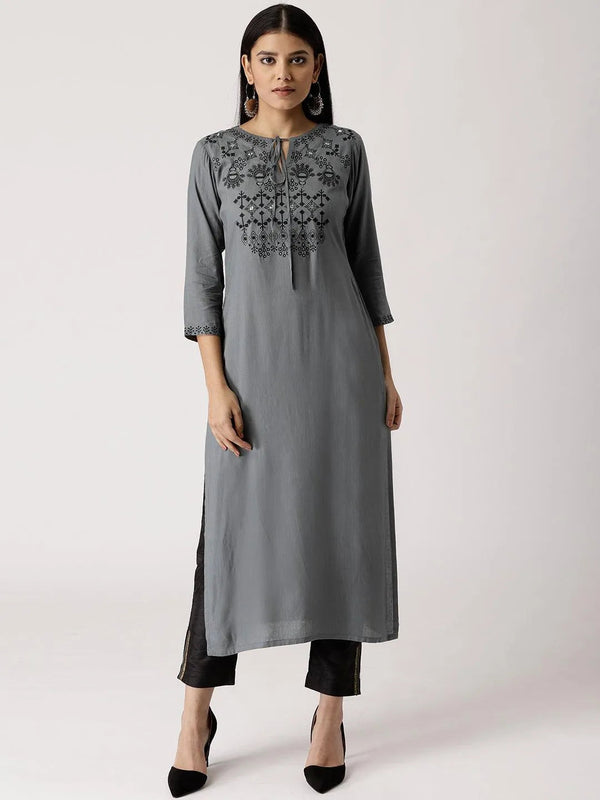 Grey Embroidered Rayon Kurta - Jashvi