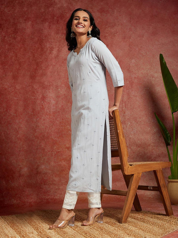 Grey Embroidered Rayon Straight Kurta - Jashvi