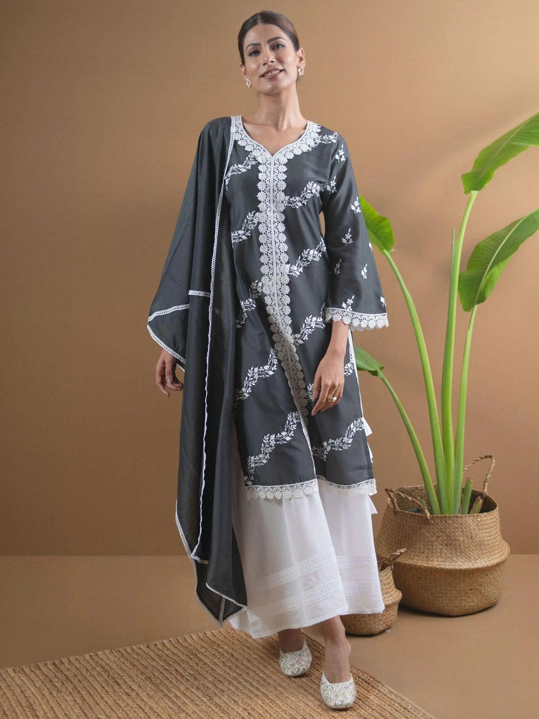 Grey Embroidered Shantoon Suit Set - Jashvi