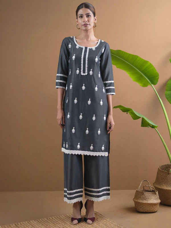 Grey Embroidered Shantoon Kurta Set - Jashvi