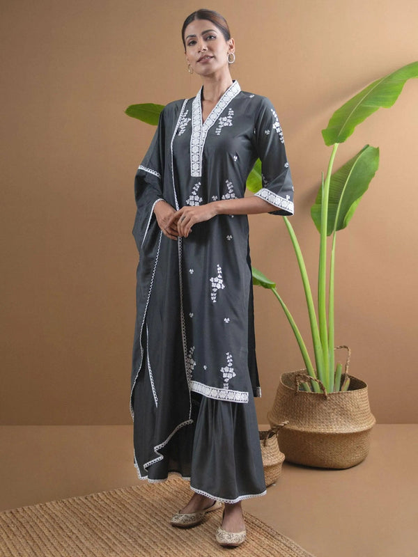 Grey Embroidered Shantoon Suit Set - Jashvi