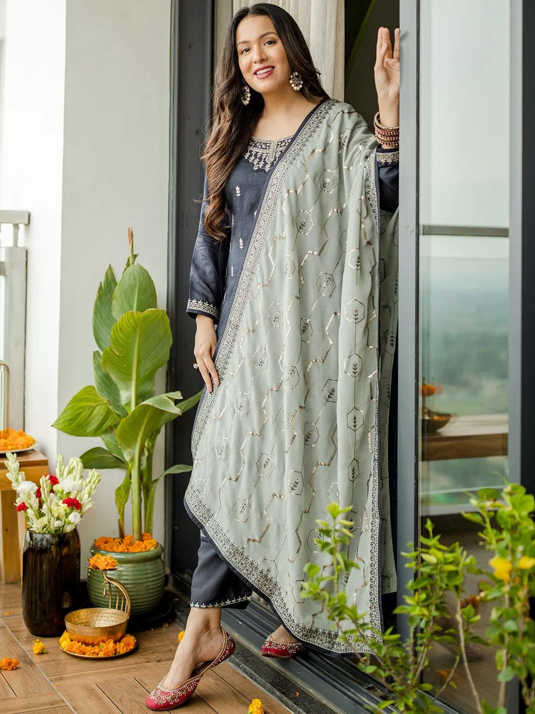 Grey Embroidered Silk Blend Straight Suit Set - Jashvi