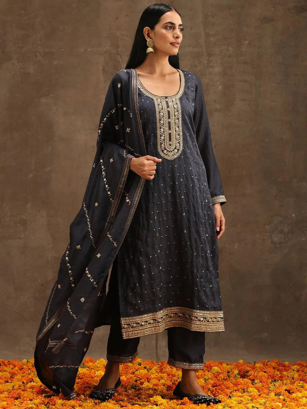 Grey Embroidered Silk Blend Suit Set With Trousers - Jashvi