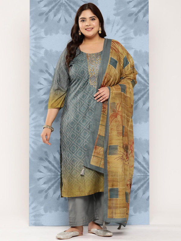 Grey Embroidered Silk Blend Straight Kurta With Trousers and Dupatta - Jashvi