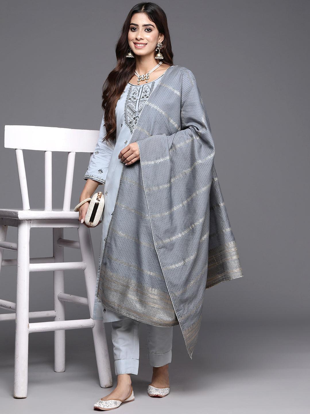 Grey Embroidered Silk Blend Straight Kurta With Trousers & Dupatta - Jashvi