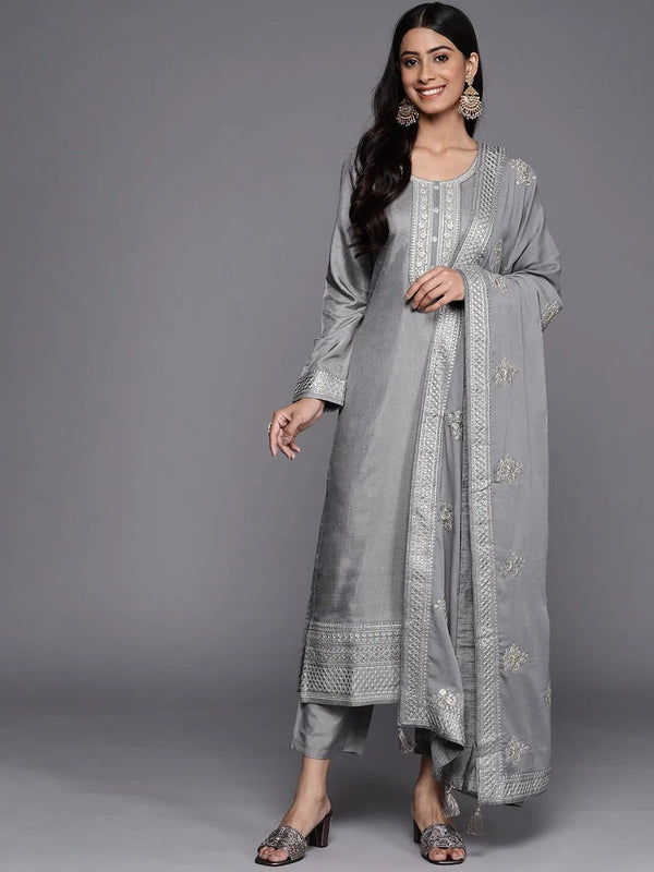 Grey Embroidered Silk Blend Straight Suit Set - Jashvi