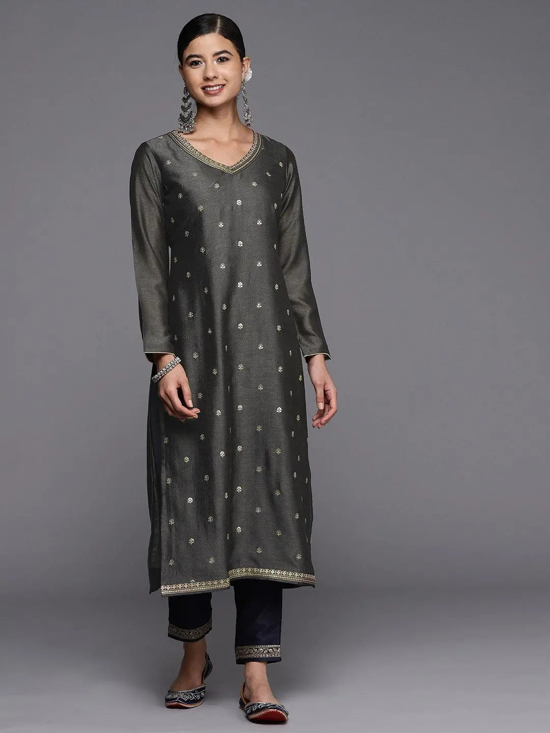 Grey Embroidered Silk Straight Kurta - Jashvi