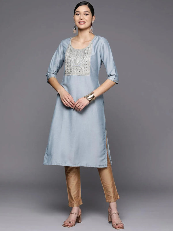 Grey Embroidered Silk Straight Kurta - Jashvi