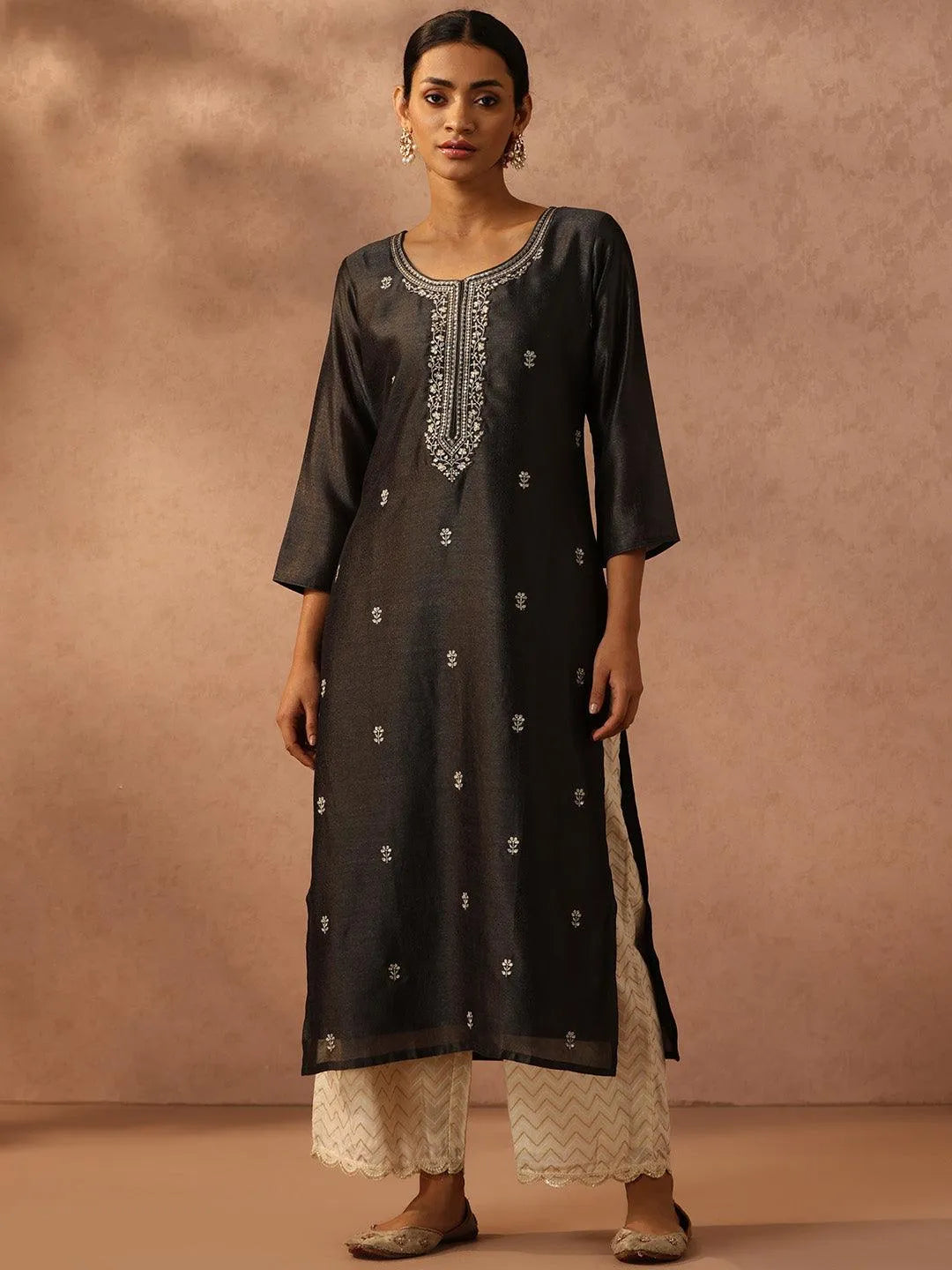 Grey Embroidered Silk Straight Kurta - Jashvi