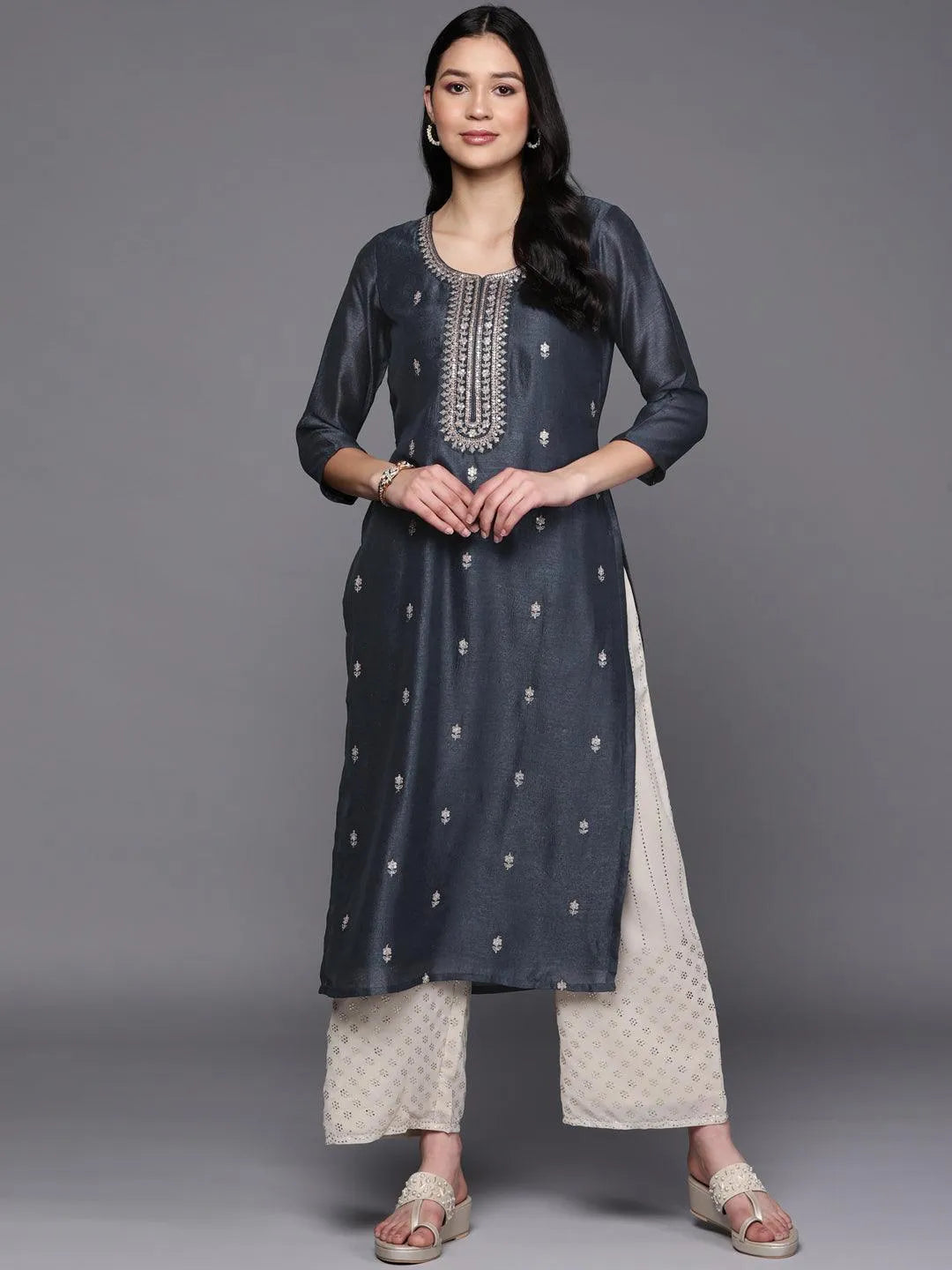 Grey Embroidered Silk Straight Kurta - Jashvi