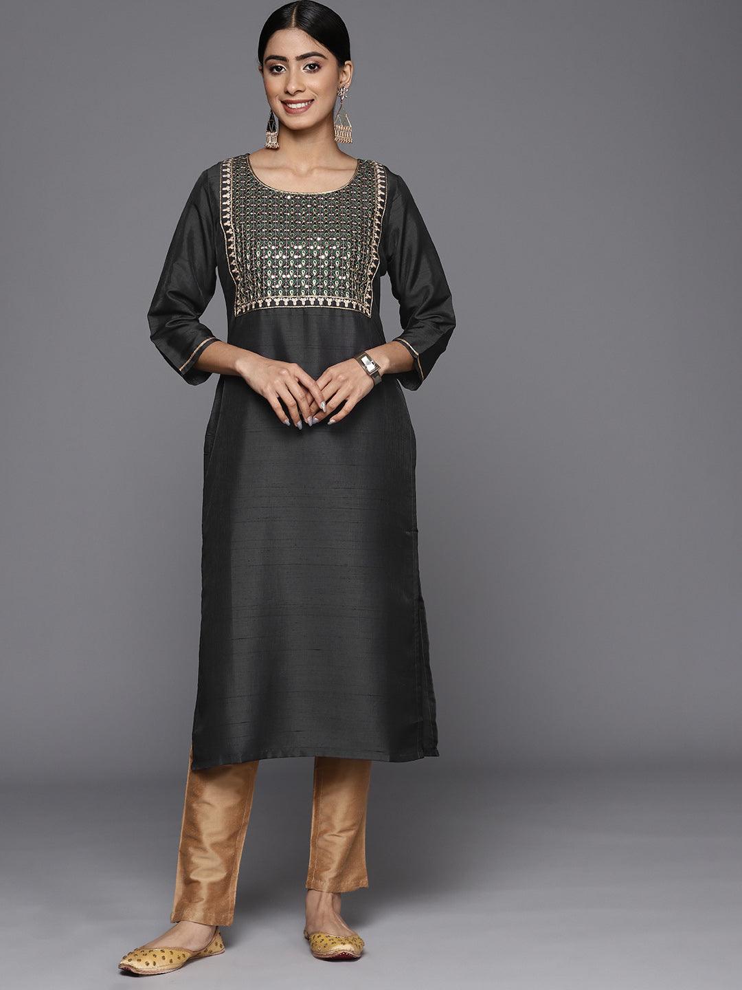 Grey Embroidered Silk Straight Kurta - Jashvi