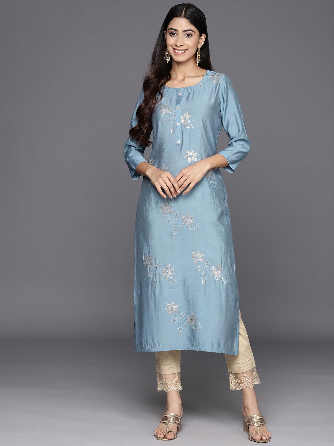 Grey Embroidered Silk Straight Kurta - Jashvi