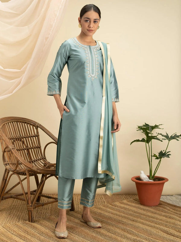 Grey Embroidered Silk Suit Set - Jashvi