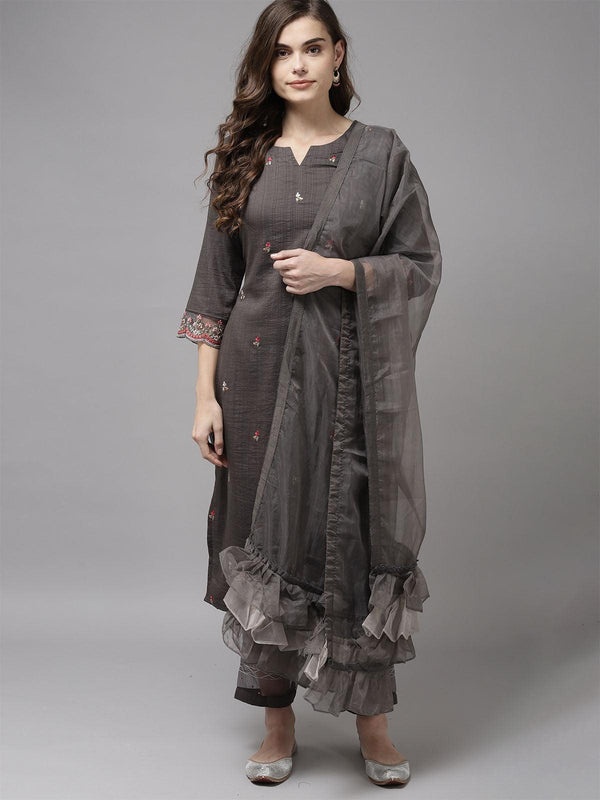 Women's Grey Embroidered Straight Kurta Trouser With Dupatta Set - Odette