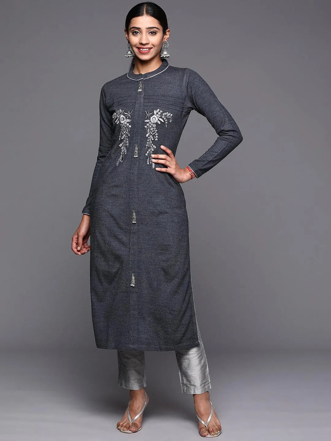 Grey Embroidered Wool Straight Kurta - Jashvi