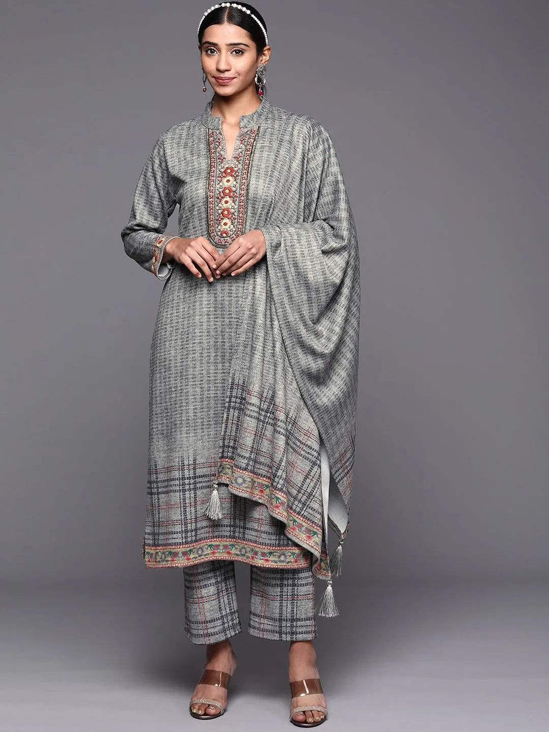 Grey Embroidered Wool Straight Suit Set - Jashvi