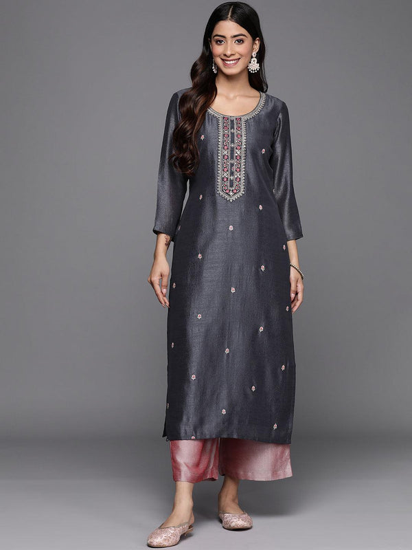 Grey Embellished Silk Straight Kurta - Jashvi