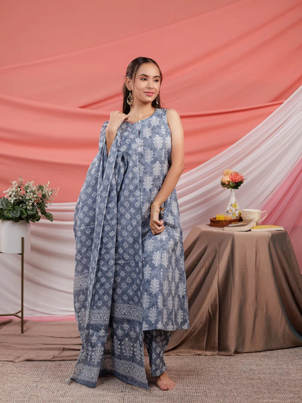 Grey Ethnic Motifs Cotton A-Line Kurta Trouser & Dupatta Set