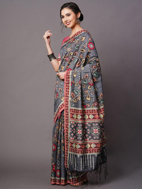 Women's Grey Festive Bhagalpuri Silk Printed Saree With Unstitched Blouse - Odette