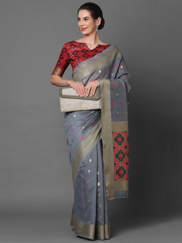 Women's Grey Festive Cotton Blend Woven Design Saree With Unstitched Blouse - Odette