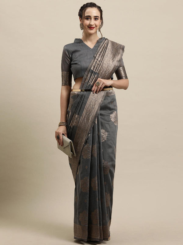 Women's Grey Festive Linen Woven Design Saree With Unstitched Blouse - Odette