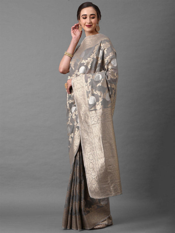 Women's Grey Festive Silk Blend Banarsi Saree With Unstitched Blouse - Odette