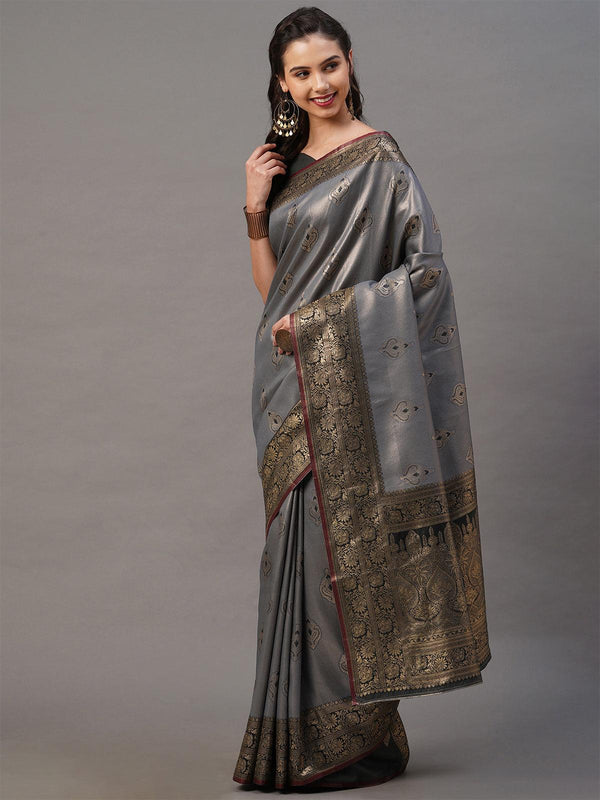 Women's Grey Festive Silk Blend Woven Design Saree With Unstitched Blouse - Odette