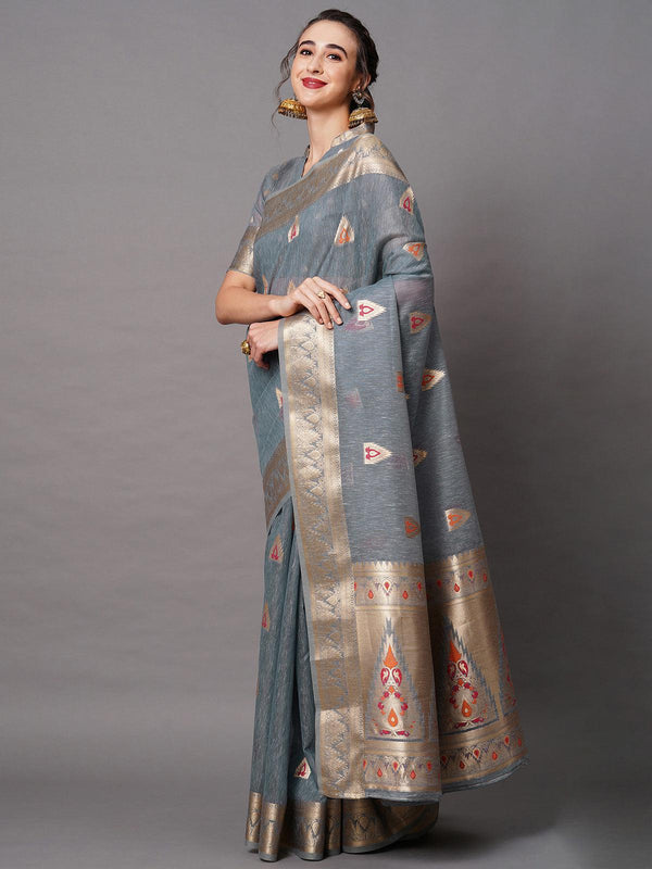 Women's Grey Festive Silk Blend Woven Design Saree With Unstitched Blouse - Odette