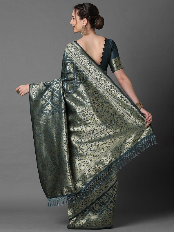 Women's Grey Festive Silk Blend Woven Design Saree With Unstitched Blouse - Odette