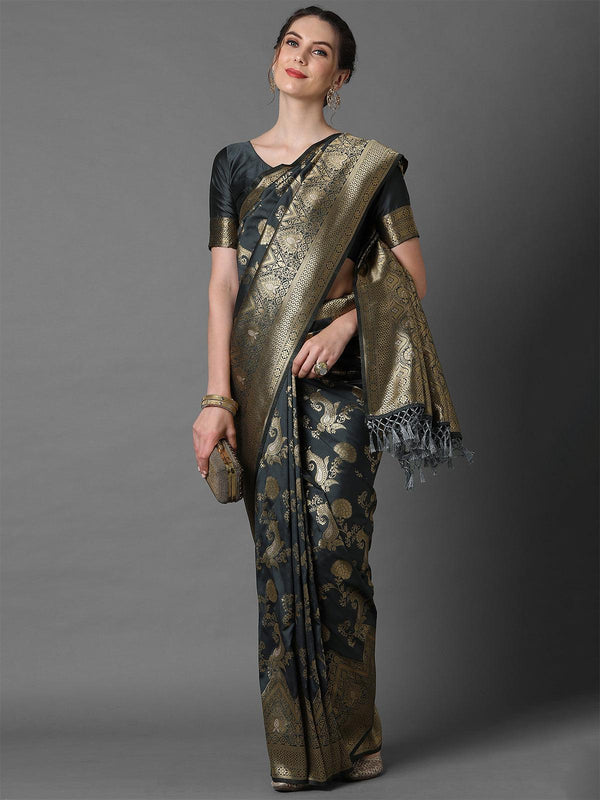 Women's Grey Festive Silk Blend Woven Design Saree With Unstitched Blouse - Odette