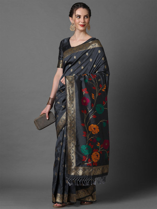 Women's Grey Festive Silk Blend Woven Design Saree With Unstitched Blouse - Odette