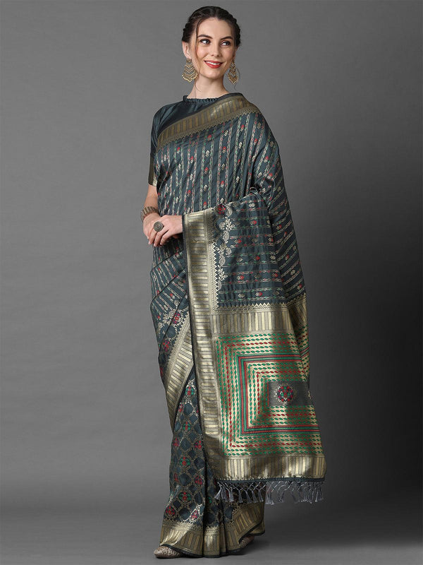 Women's Grey Festive Silk Blend Woven Design Saree With Unstitched Blouse - Odette