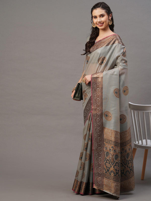 Women's Grey Festive Silk Blend Woven Design Saree With Unstitched Blouse - Odette