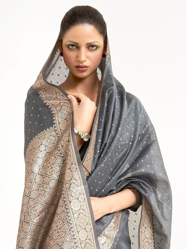 Women's Grey Festive Silk Blend Woven Design Saree With Unstitched Blouse - Odette