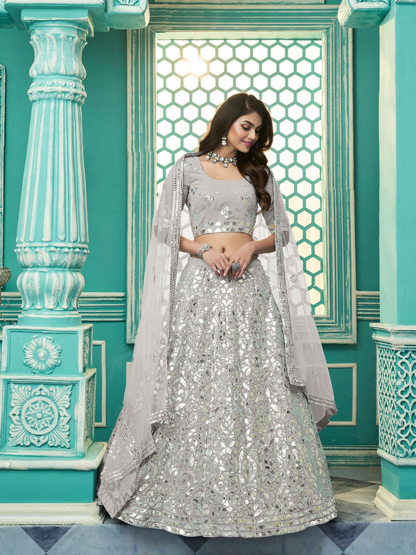 Women's Grey Georgette Sequin Embroidery Lehenga - Odette