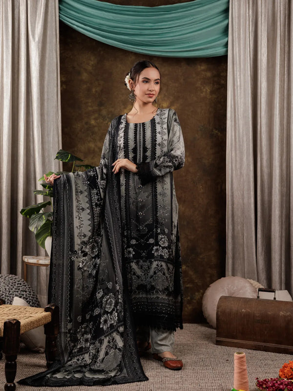 Grey Hand_Embroidery Silk Straight Kurta And Trouser With Dupatta Set