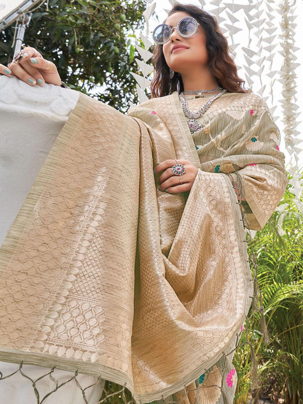 Women's Grey Heavy Woven Linen Saree - Odette