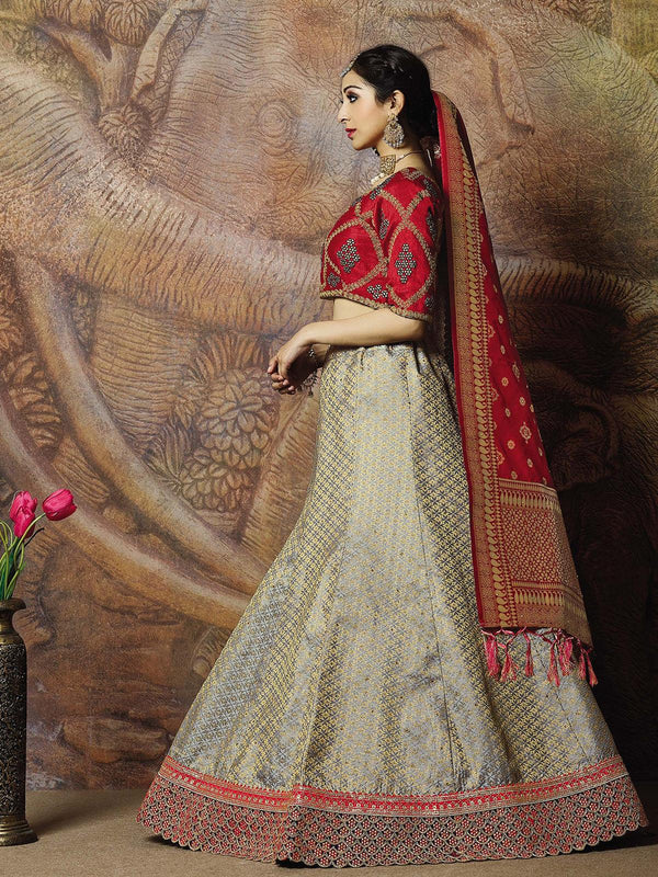 Women's Grey Jacquard Weaved Silk Designer Lehenga Choli - Odette