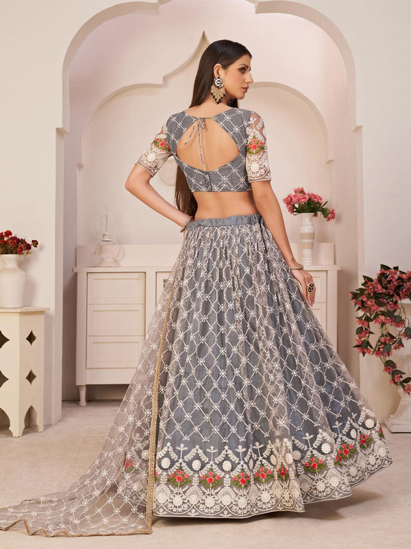 Women's Grey Mono Net Cotton Zari Thread Sequin Lehenga - Odette