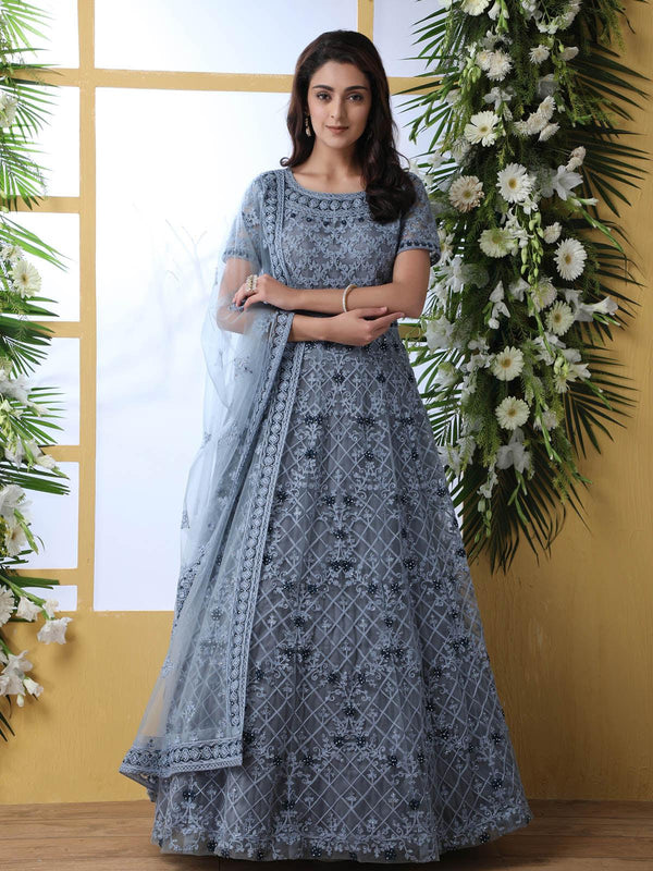 Women's Grey Net Anarkali - Odette