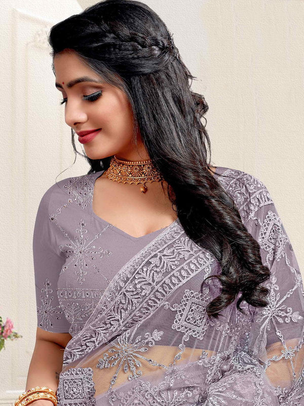 Women's Grey Net Designer Embroidered Heavy Net Saree - Odette