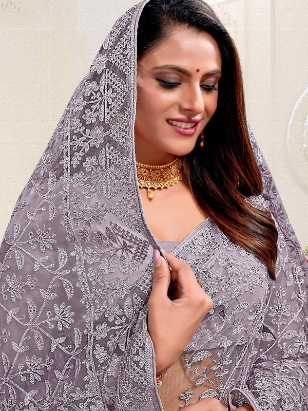 Women's Grey Net Designer Embroidered Heavy Net Saree - Odette