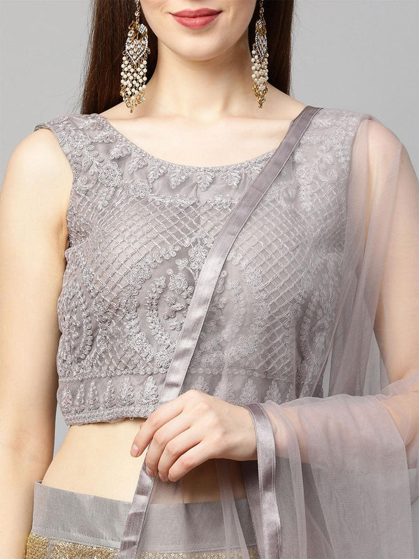 Women's Grey Net Designer Multy Embroidery Lehenga - Odette