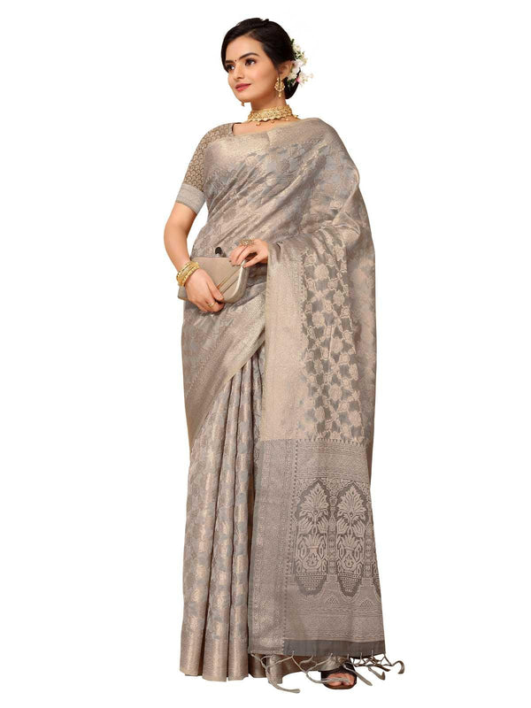 Women's Grey Organza Zari Woven Saree With Blouse - Odette