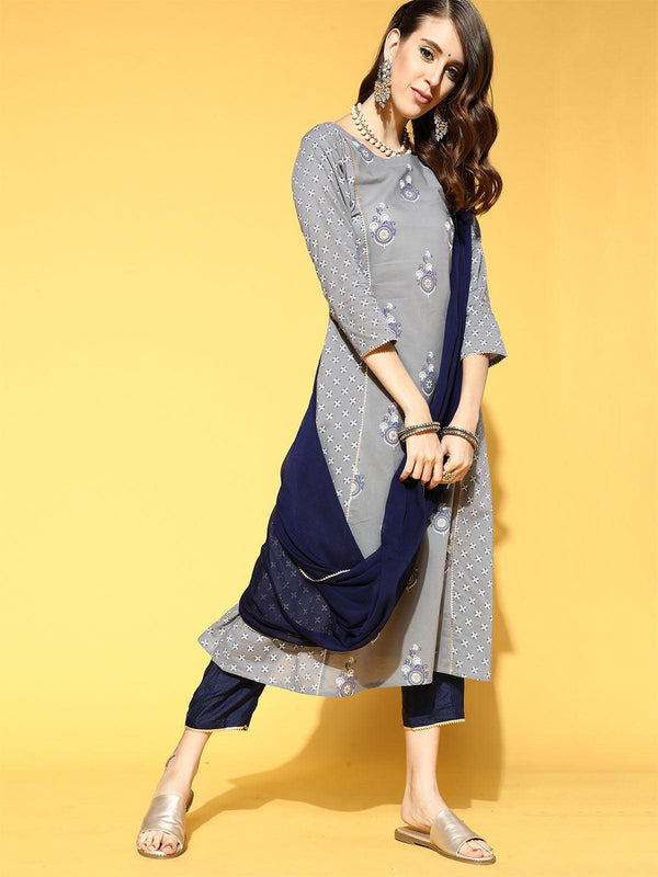 Women's Grey Printed A-Line Kurta Trouser With Dupatta Set - Odette