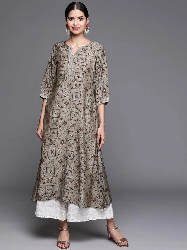 Grey Printed Chanderi Silk Kurta - Jashvi