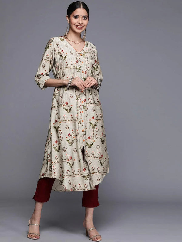 Grey Printed Chanderi Silk Kurta - Jashvi