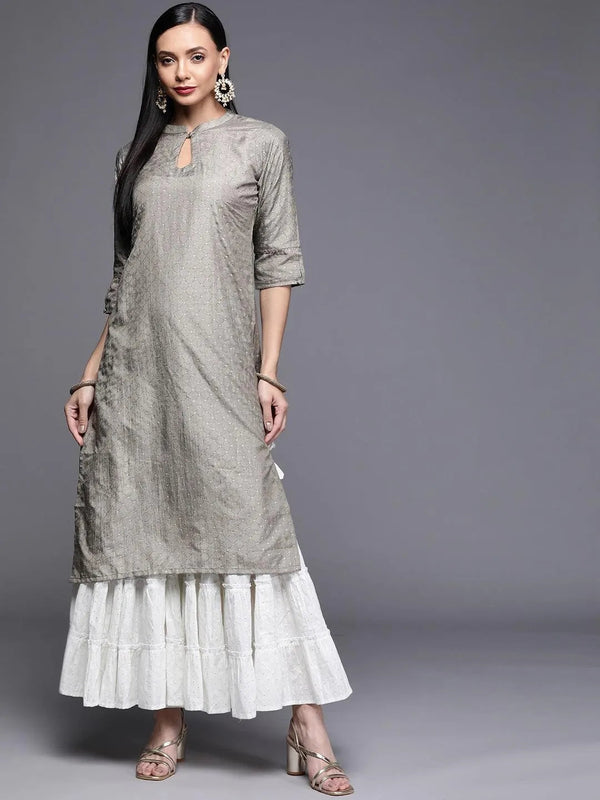 Grey Printed Chanderi Silk Kurta - Jashvi